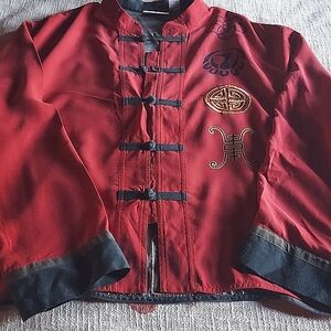 Vintage Chicos 100% Silk Asian Design Embroidered Toggle Button Long Peacock S M